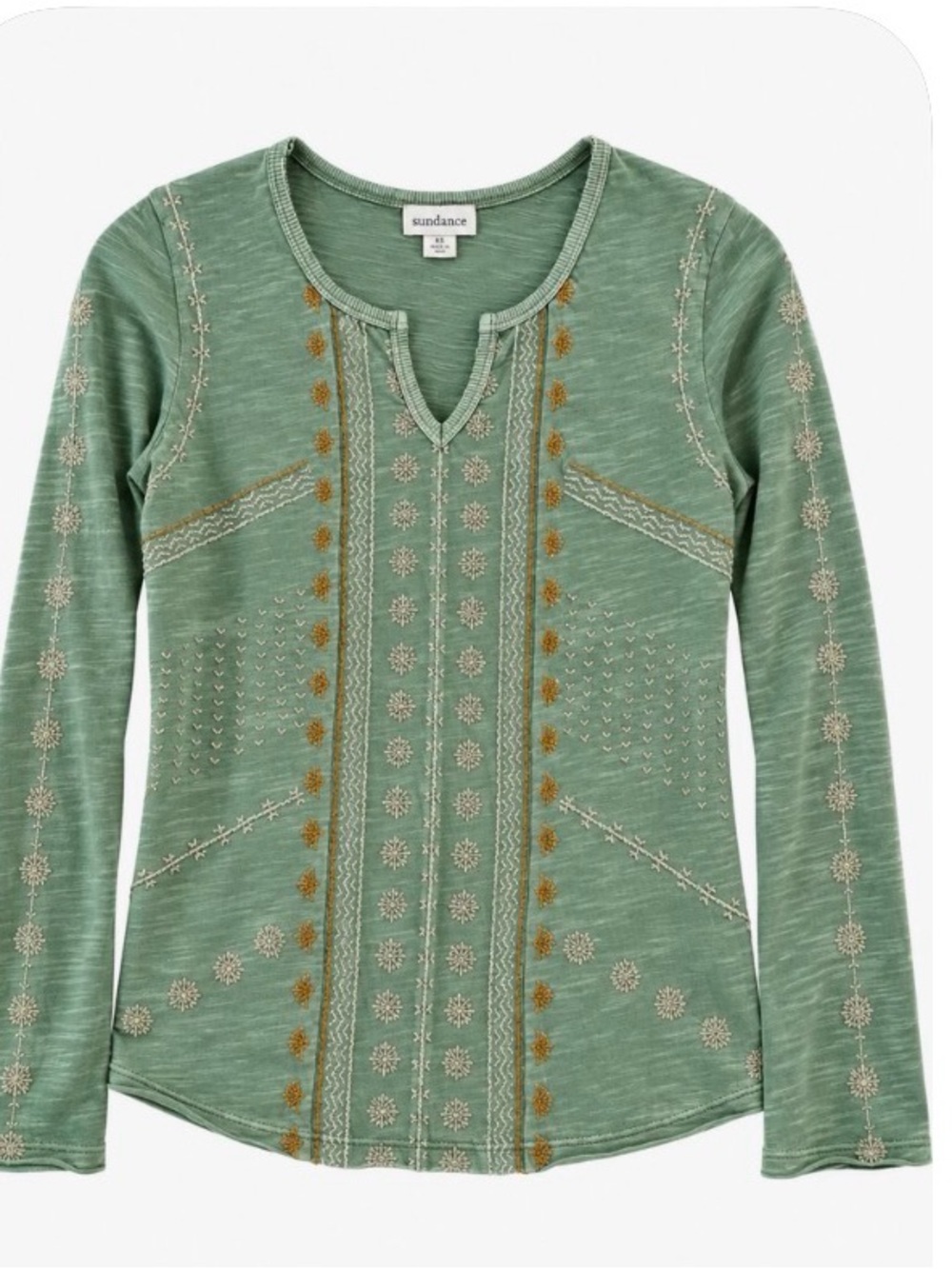 Sundance Sage Green Long Sleeve Embroidered Top